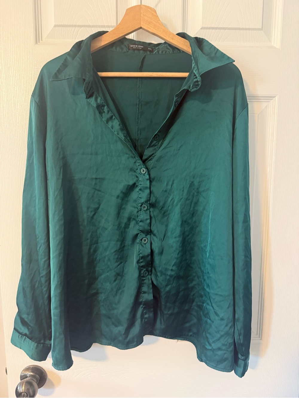 3/$15 SHEIN Emerald Green Satin Button-Down Shirt